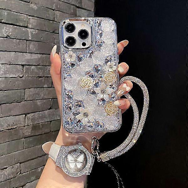 For compatible with iPhone Mobile Case - Diamond Rose Flower With Bracelet compatible with iPhone 14 Pro