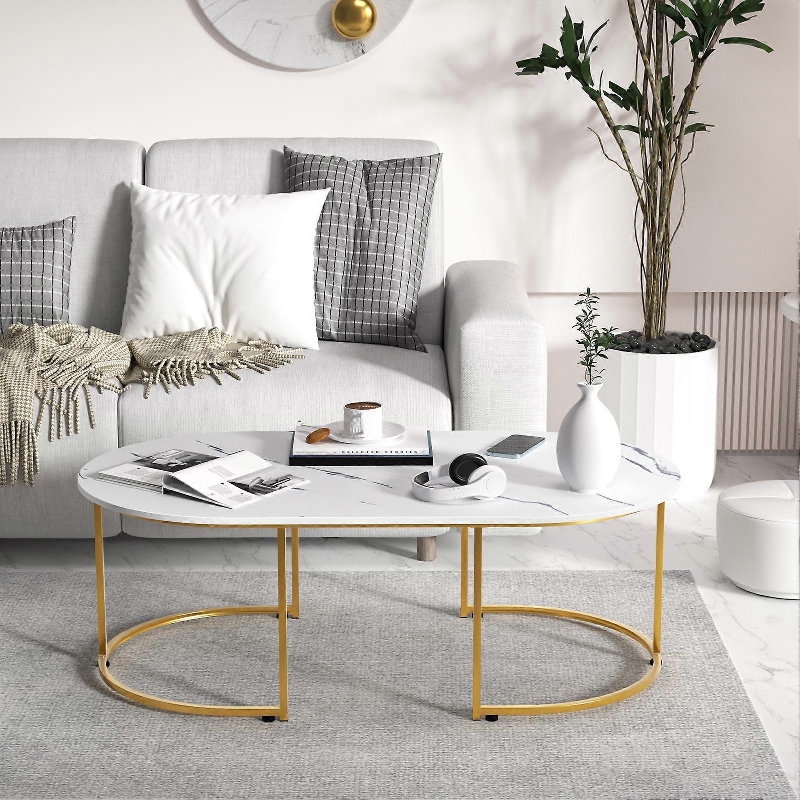 Marble Pattern Coffee Table, Strong Load-Bearing Metal Frame Spacious Desktop