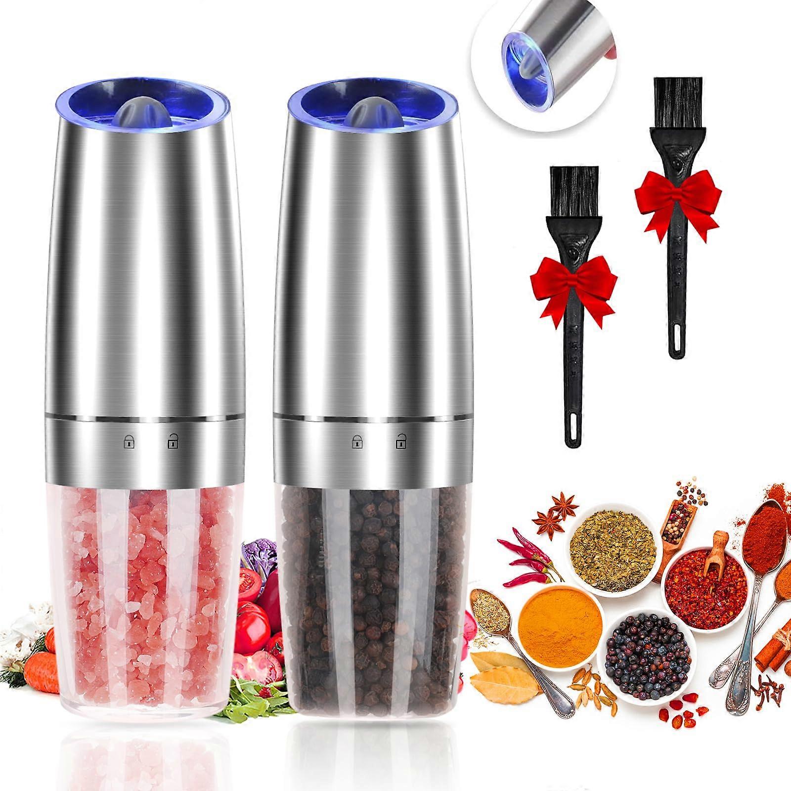 Electric Salt and Pepper Grinder Set with Gravity Sensor, Adjustable Coarseness, LED Light, Silver 2 Pack