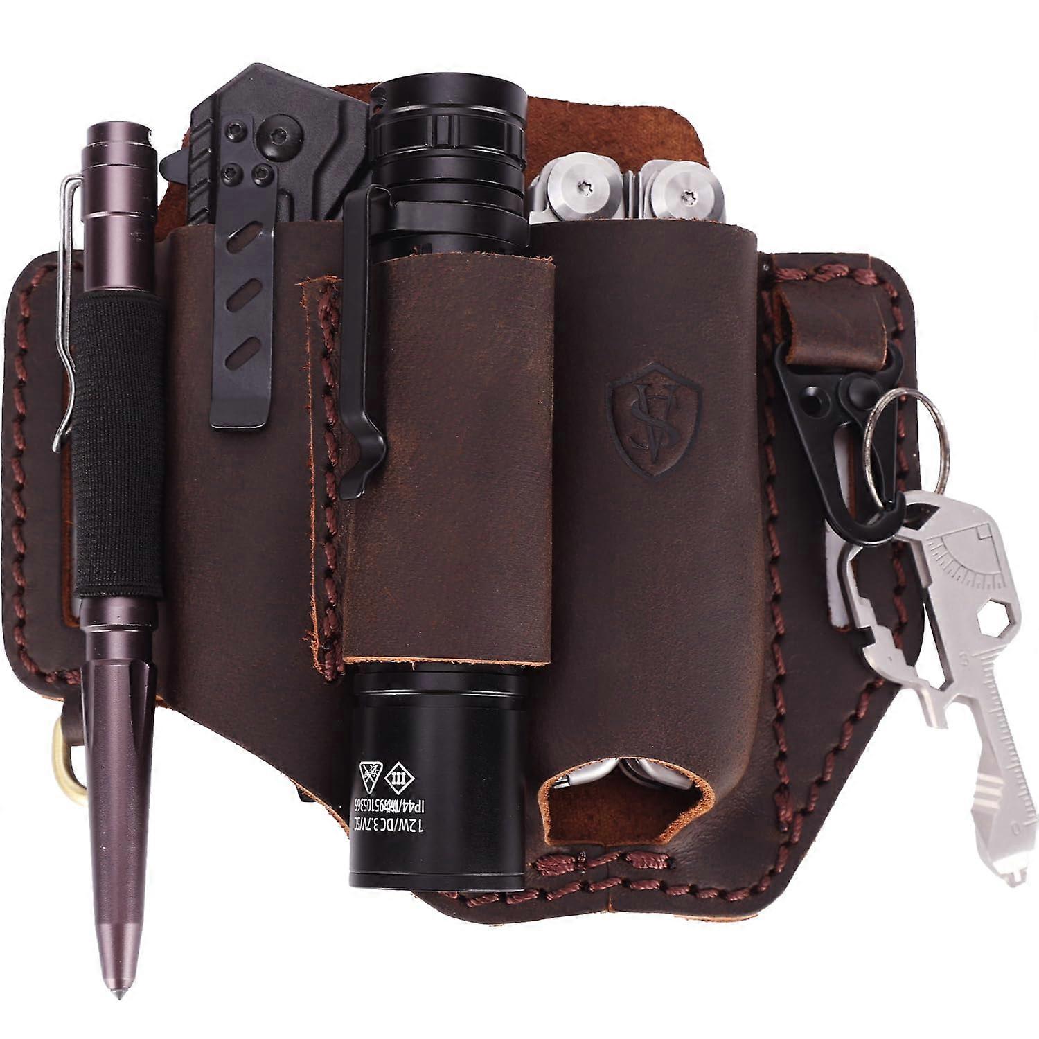 Full Grain Leather Multitool Sheath EDC Belt Organizer with HeavyDuty Stitching Dark Brown