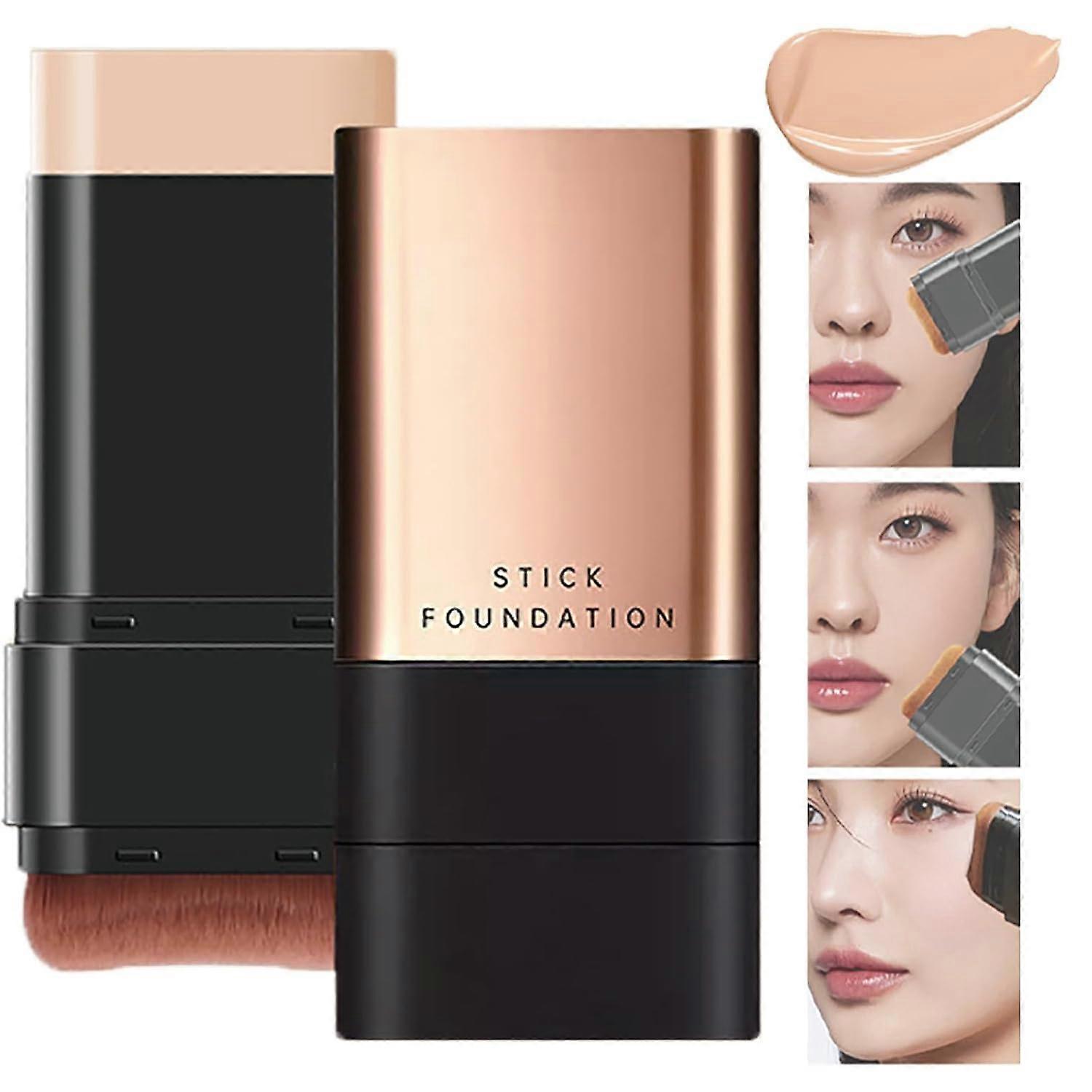 2 in 1 Hydrating Foundation Stick with Brush, Full Coverage Waterproof Concealer, Natural 02