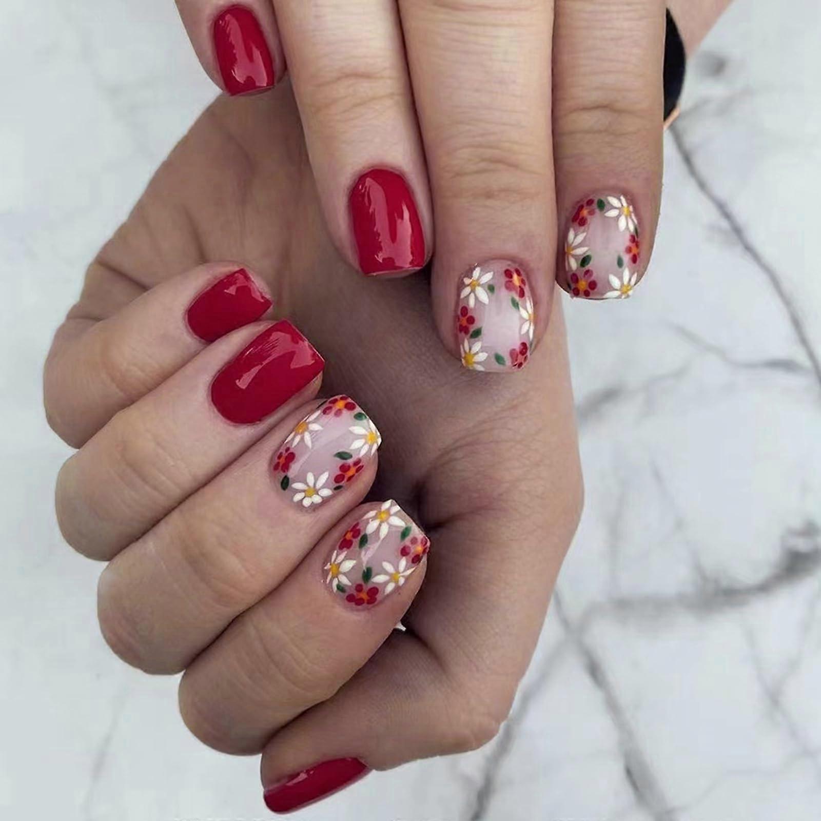 Short Floral Press On Nails Set Daisy Design False Nails Kit Spring Summer Reusable 24 Pcs