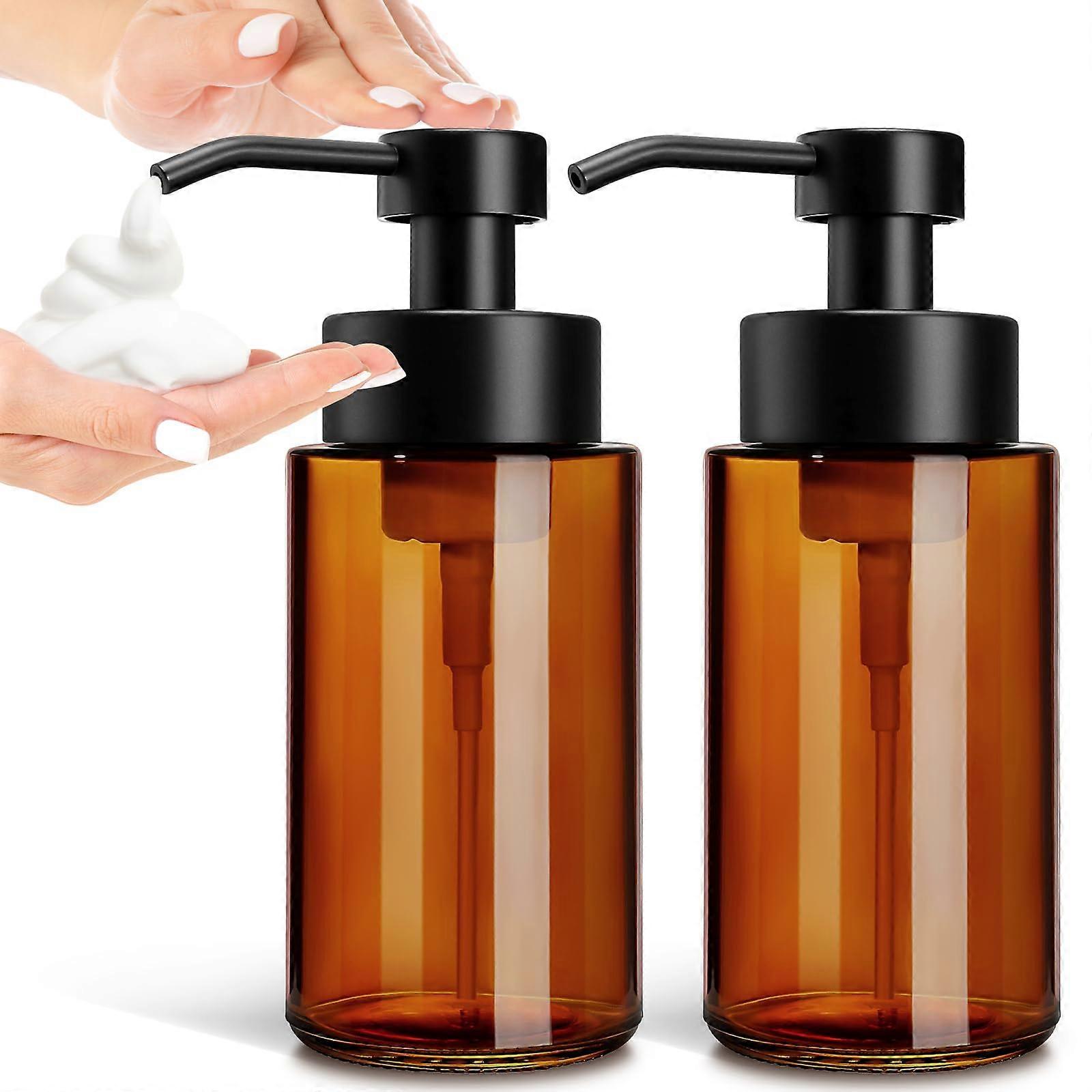 Foaming Soap Dispenser 2 Pack Amber Glass, Refillable Bathroom Hand Pump with Thick Dense Foam