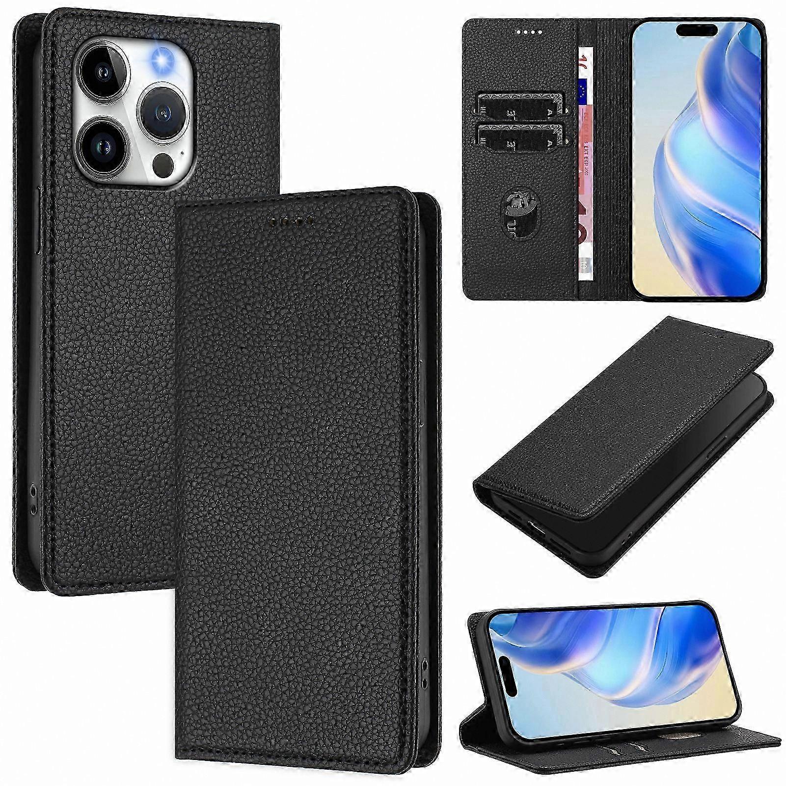 15 Pro Wallet Case with RFID Blocking & Litchi Texture Leather Cover