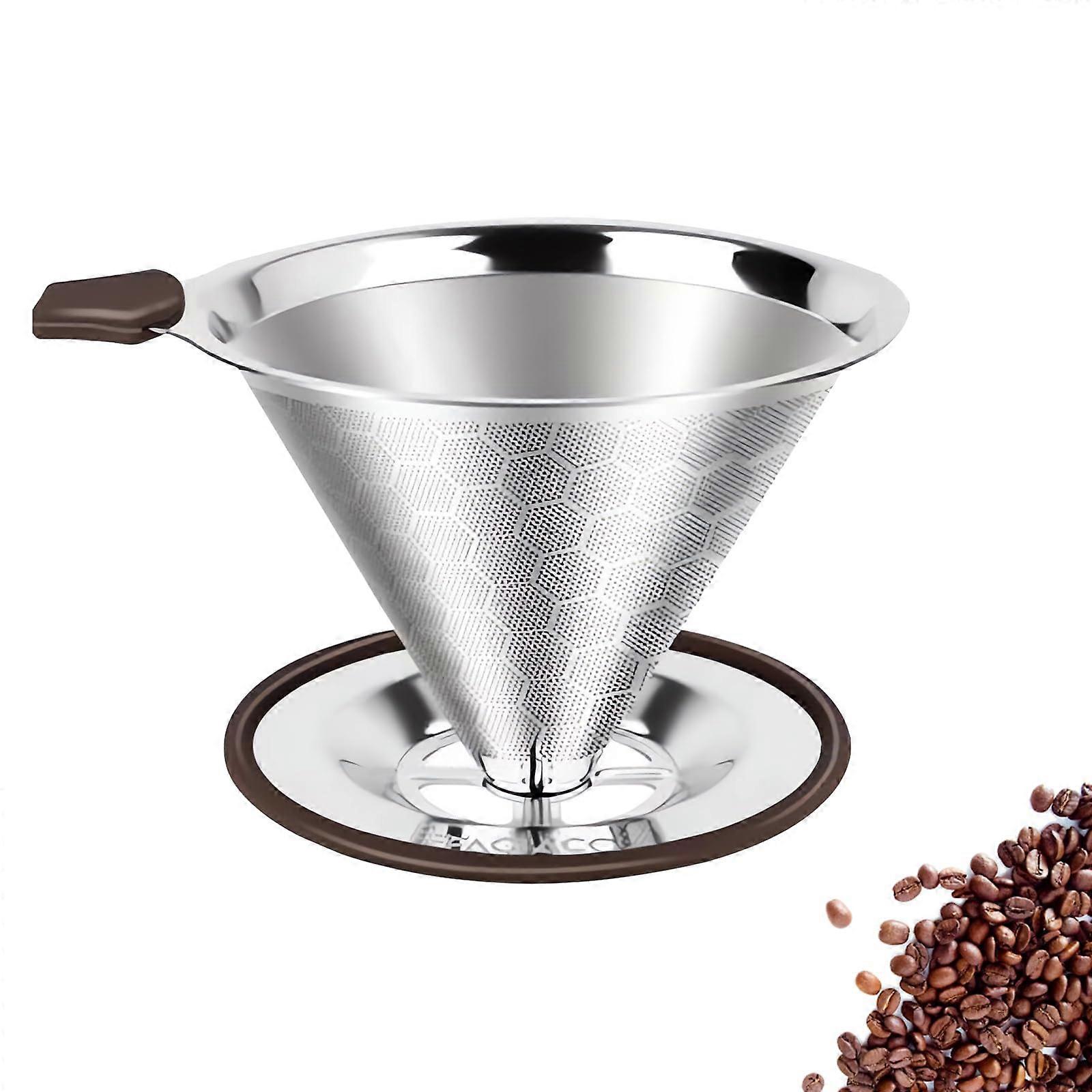 Pour Over Coffee Maker Stainless Steel Dripper with Reusable Double Mesh Filter Silver