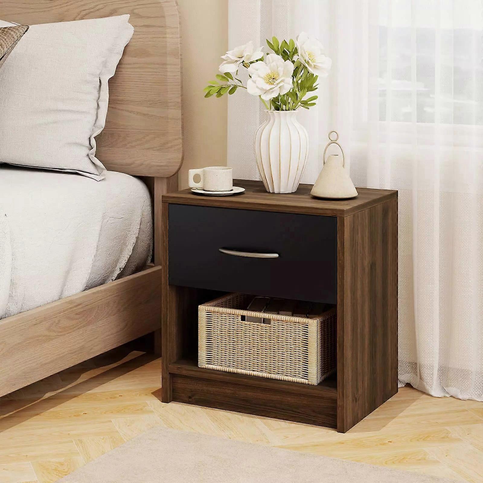 2PCS Modern Nightstand Bedside Table w/Drawer Open Storage Shelf for Small Space