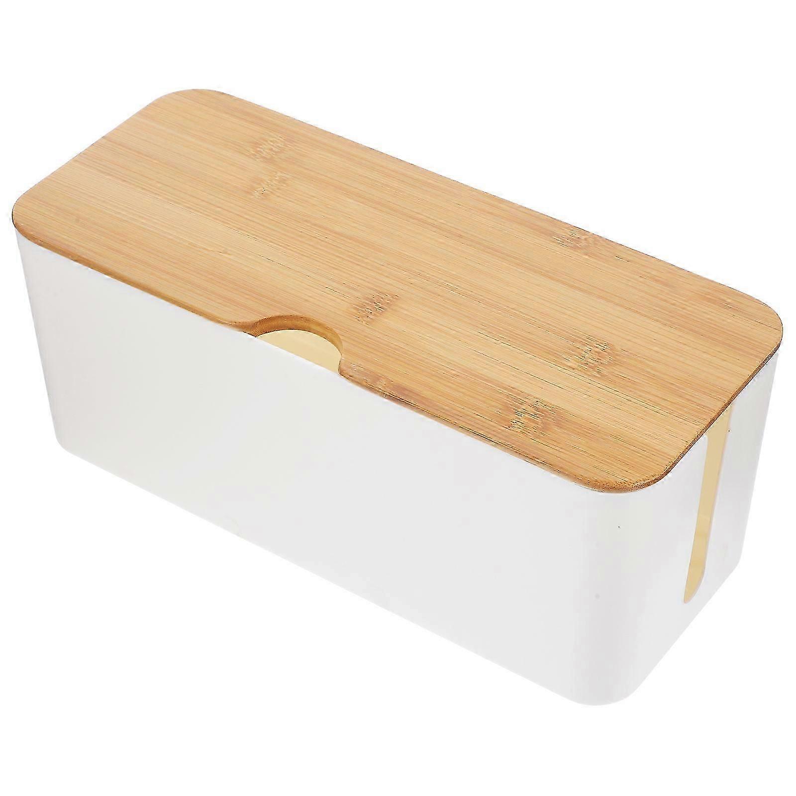 Kabelopbergbox, wit met bamboe deksel.