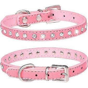 Small Pet Collar with Crystal Rhinestones, Adjustable Safety Buckle, Soft PU, Bling Bling for Small Dogs Cats, XS Size Pink