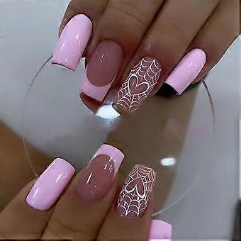 Halloween Press on Nails Pink French Tip Medium Square Fake Nails for Women Reusable Spider Web Design Durable Acrylic Set