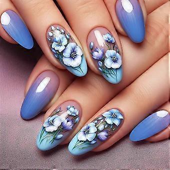 Blue Floral Design Almond Press On Nails, Medium Reusable Fake Nails for Women, 24Pcs