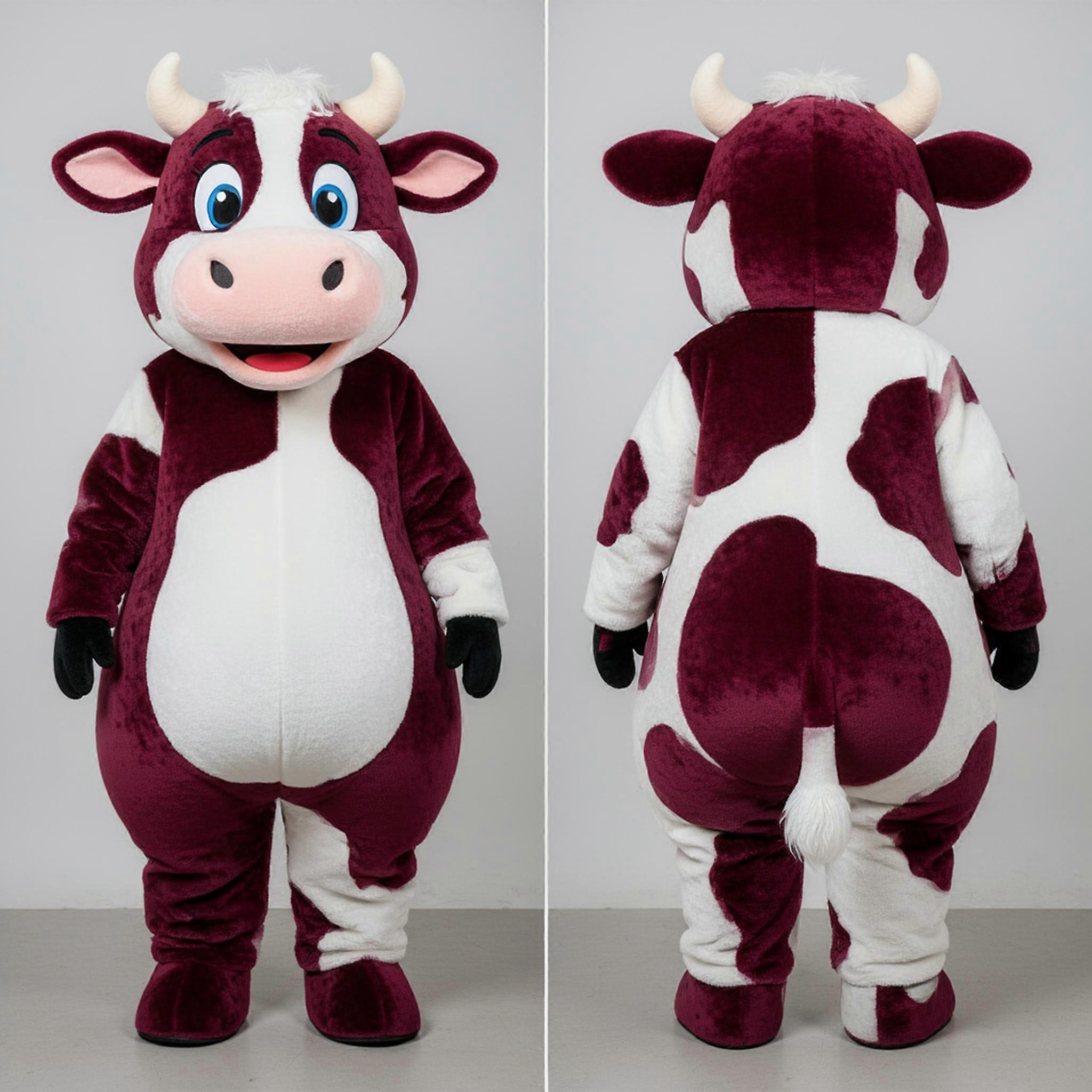 MASTICOT Maroon White Plush Holstein Cow Mascot