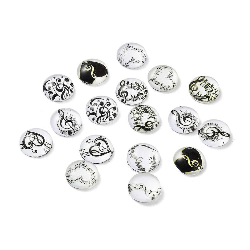 100pcs Glass Cabochons Flat Round with Musical Note Pattern Flat Round 10x3.5mm