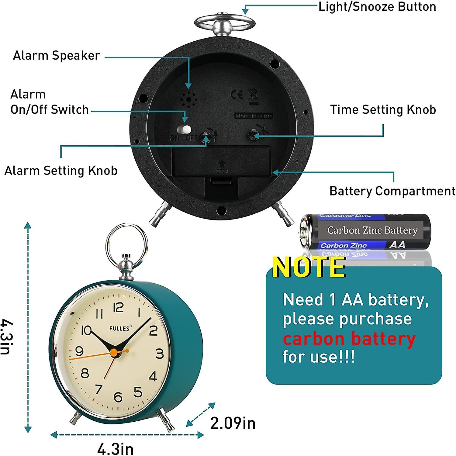 Analog Alarm Clock Non Ticking with Night Light Snooze Function Round Retro Alarm Clock Battery Operated Clock for Bedroom Living Room for Kidsblue