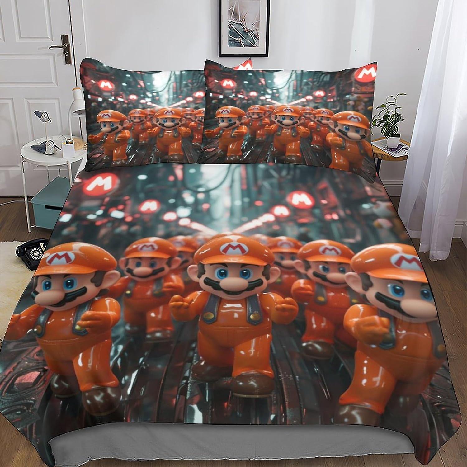 DSJackson Mario Bros Captivating 3D Print Duvet Cover Set with Hidden Zipper Closure - Ultra-Soft Microfiber Cartoon Bedding, Complete 3-Piece Set for