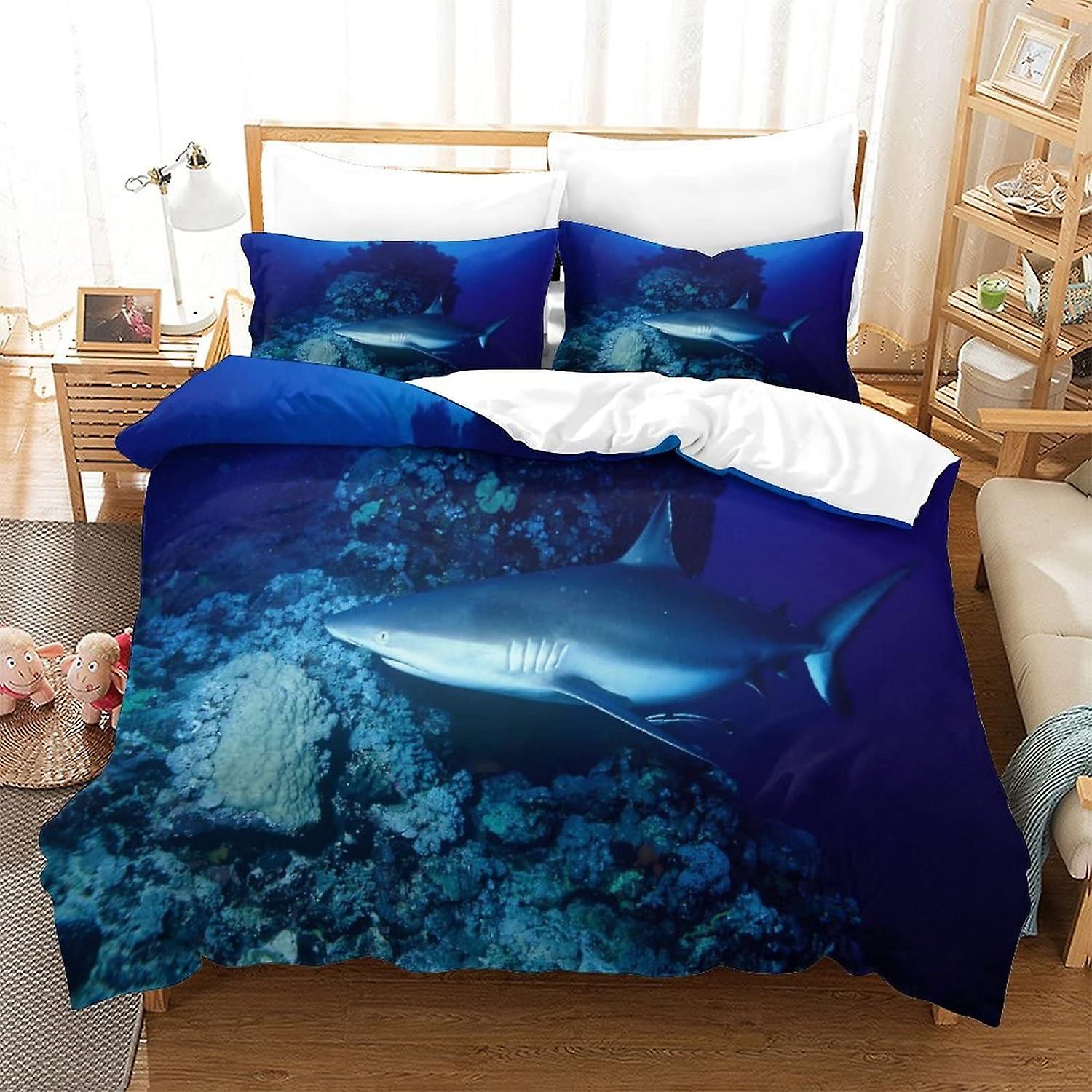 VOSILE Shark 3 قطع ناعمة مع غطاء لحاف وسادة إغلاق سحاب منع الحساسية مجموعة الفراش مناسبة لجميع أنواع الناس غطاء لحاف