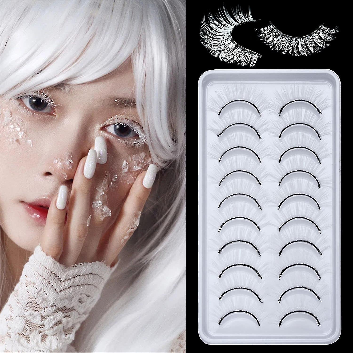 10 Pairs of White Eyelashes Cosplay White False Eyelashes, Reusable Natural Thin Fluffy False Eyelas