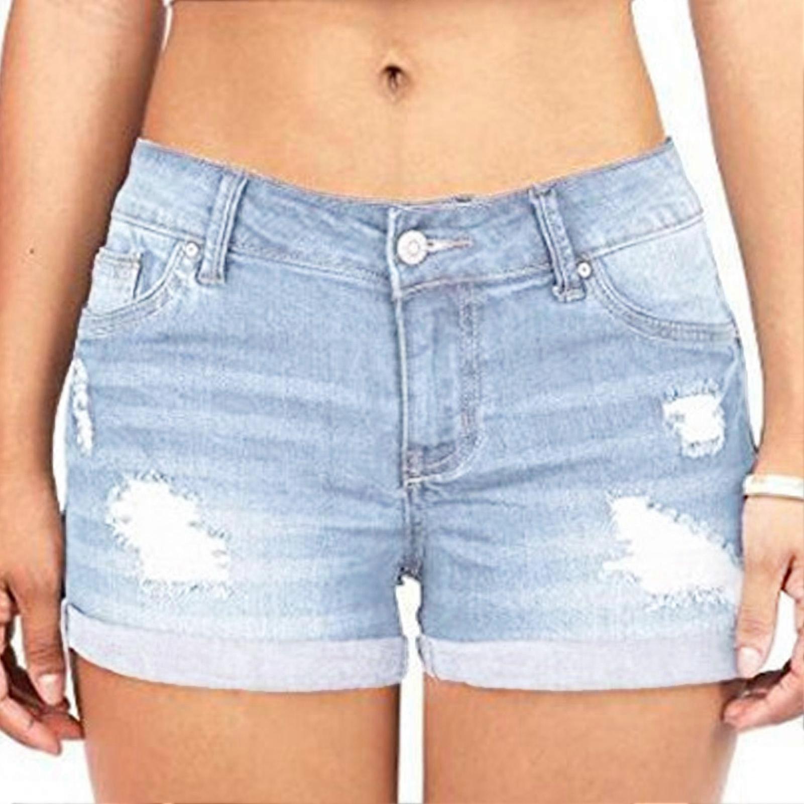 Slim Fitted Women Shorts Plain Color Hole Pocket Mid Waisted Straight Shorts for Summer Light Blue