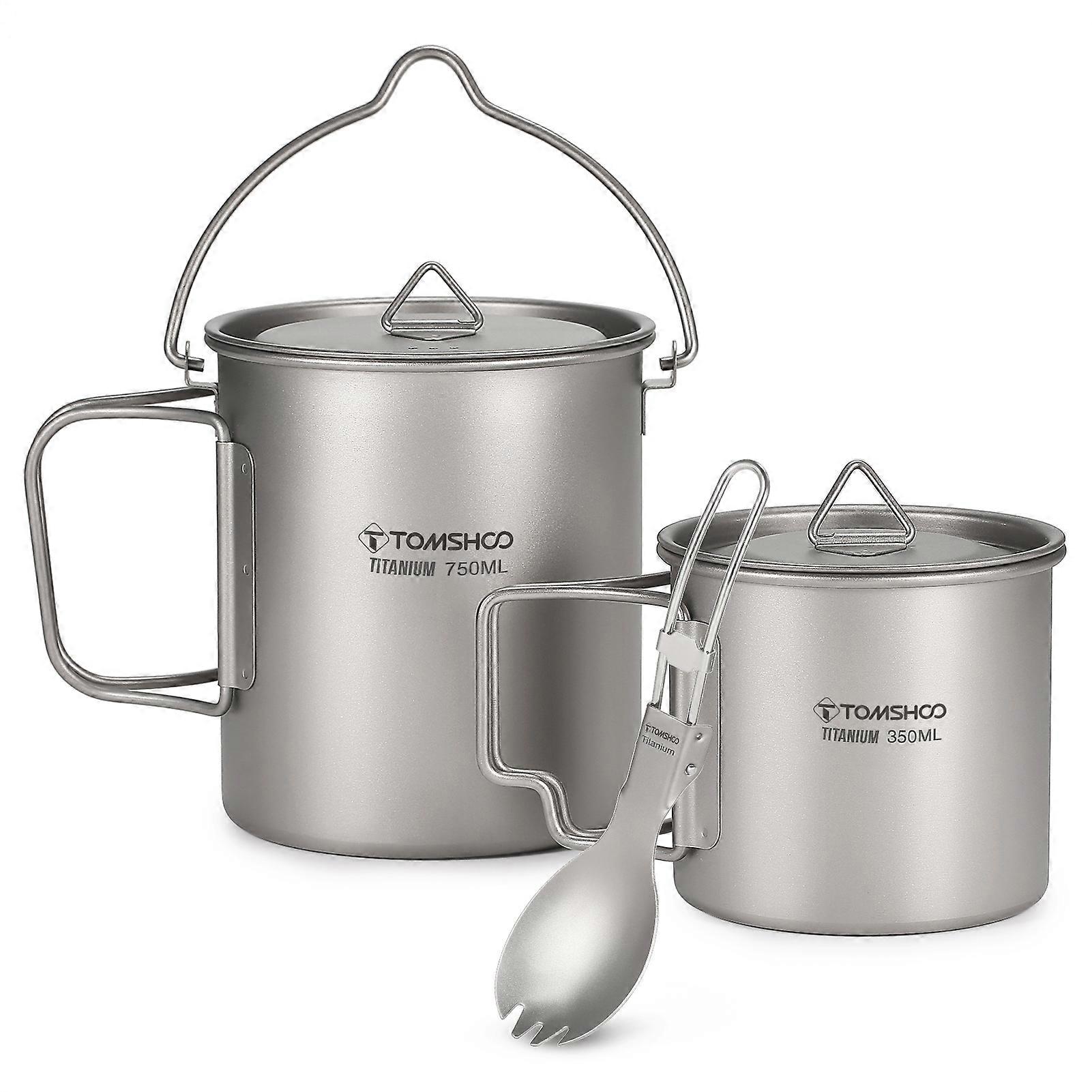 TOMSHOO Lightweight Titanium 3 Pieces Set Titanium 750ml Pot 450ml Water Cup Mug with Lid Collapsible Handle Folding Spork for Outdoor Camping Hiking 