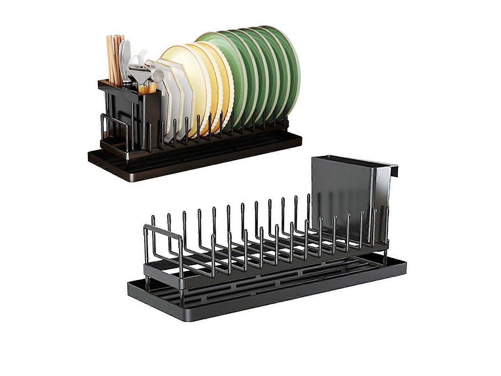 Dish Drying Rack Plate Rack Storage Rack with Water Tray for Kitchen - Black