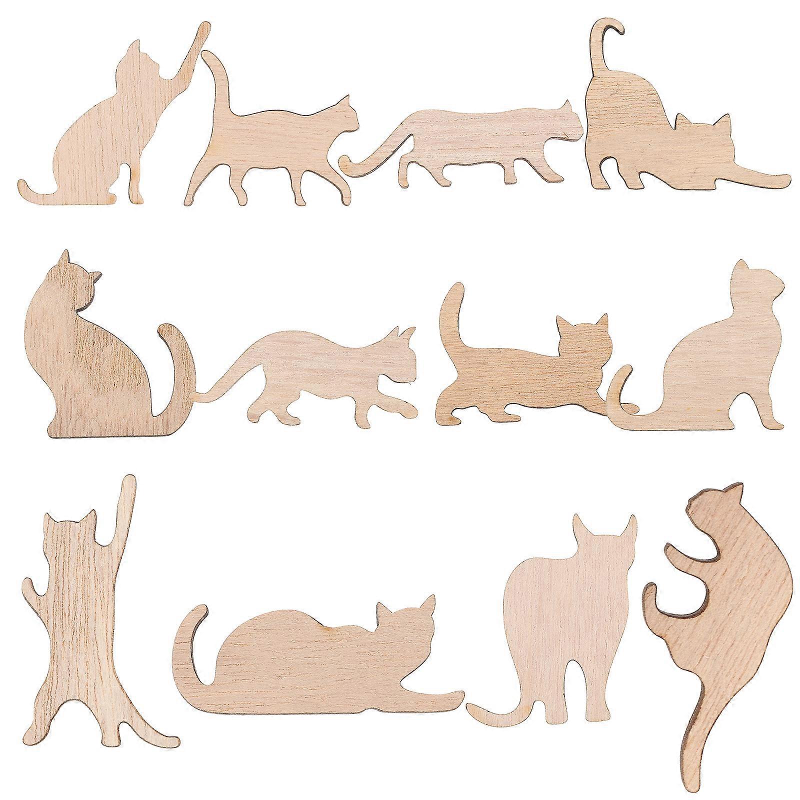 12Pcs Pendentif Blanc Découpes En Bois Non Peint DIY Chat En Bois Pour La Décoration