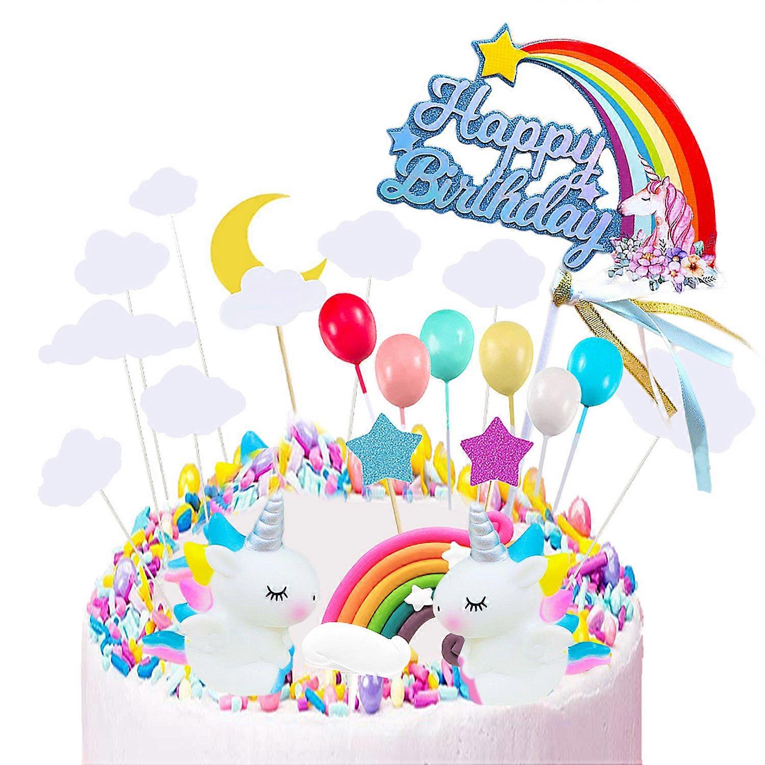 21-piece unicorn happy birthday cake flag set clouds stars moon rainbow flags set