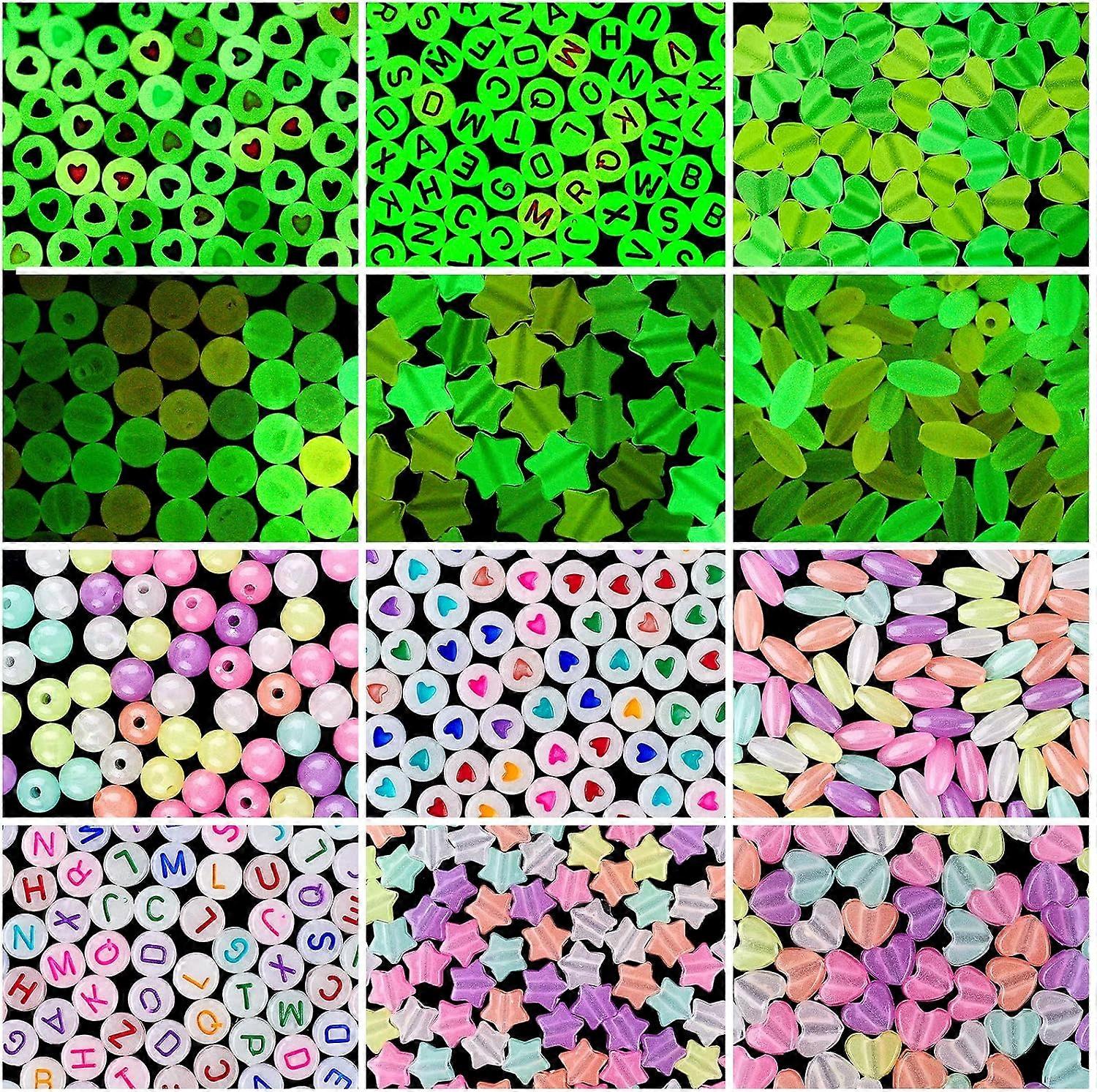 600 Pcs Luminous Acrylic Beads Glow in The Dark 6 Styles Assorted Colorful Acrylic Loose Beads for Jewelry Making