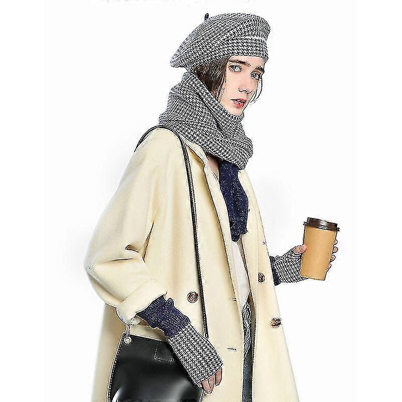 Cappello da pittore a quadri da donna, cappello caldo, sciarpa e guanti Set di tre pezzi Navy Hy