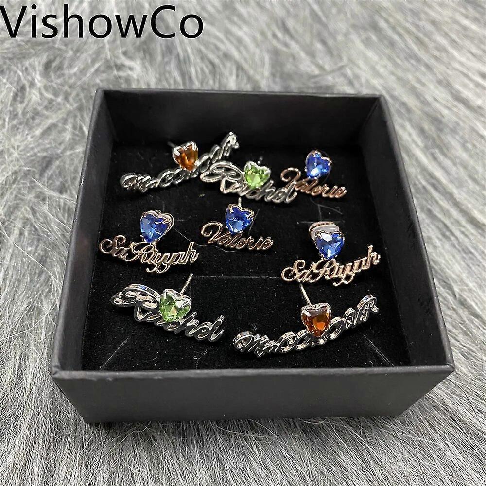 VishowCo Nom Personnalisé Boucle D’oreille En Acier Inoxydable Mode Personnalisé Coeur Pierre De Naissance Nom Boucles D’oreilles Pour Femmes Cadeaux D’anniversaire