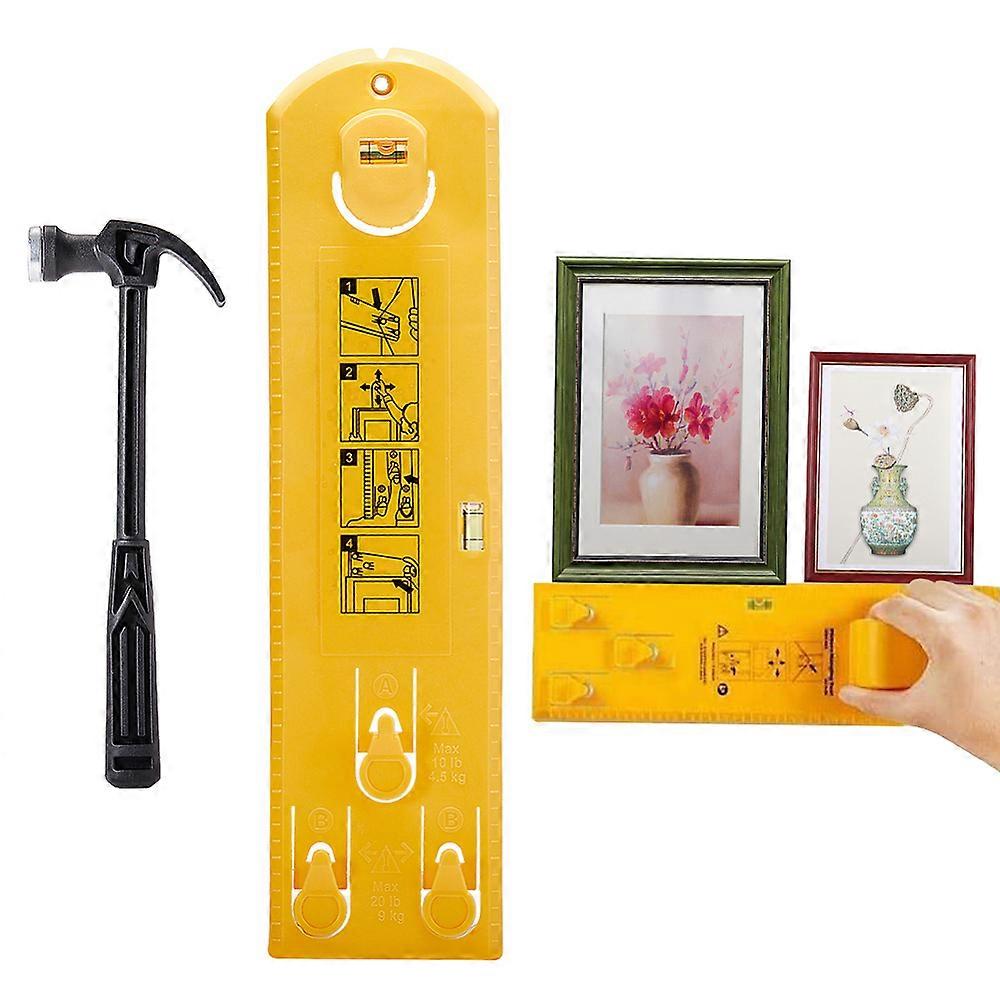 1Set Picture Hanging Tools Portable Picture Frame Level Ruler Measuring Marking Tool and Mini Claw Hammer with Plastic Handle Yellow 34.9x8.95x4.85cm