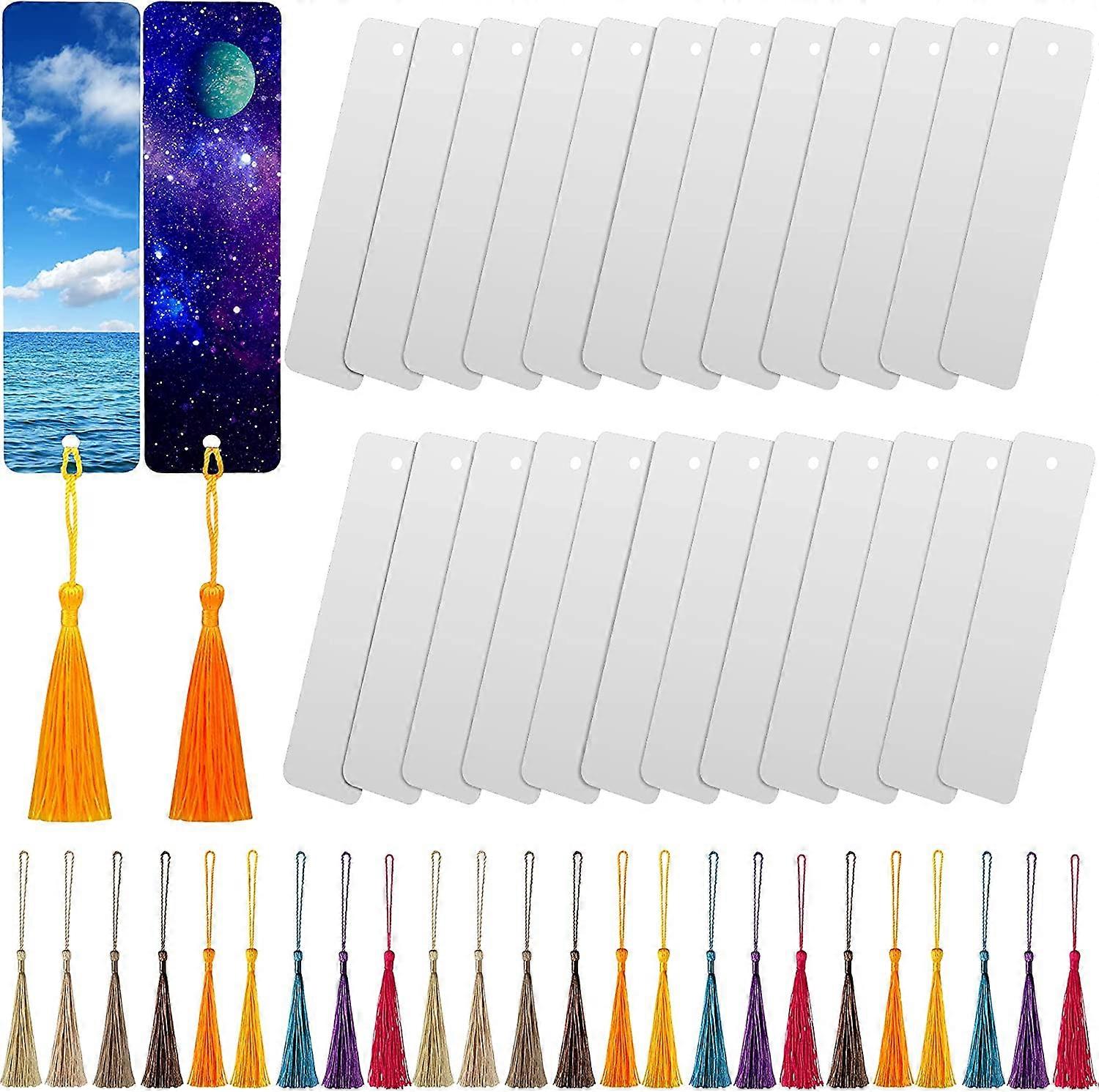 24 Pcs Sublimation Blank DIY Crafts Bookmark Metal Blank Bookmarks with Hole and Tassels Sublimation Blank Bookmarks to Decorate