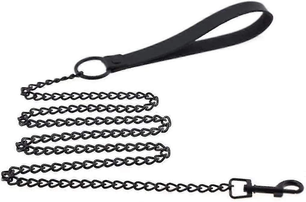 Heavy Duty Dog Lead Chain Anti-Bite Metal Basic Pet Leash with Leather Handle Approx 3.7ft Length Suitable for Small Medium Dogs