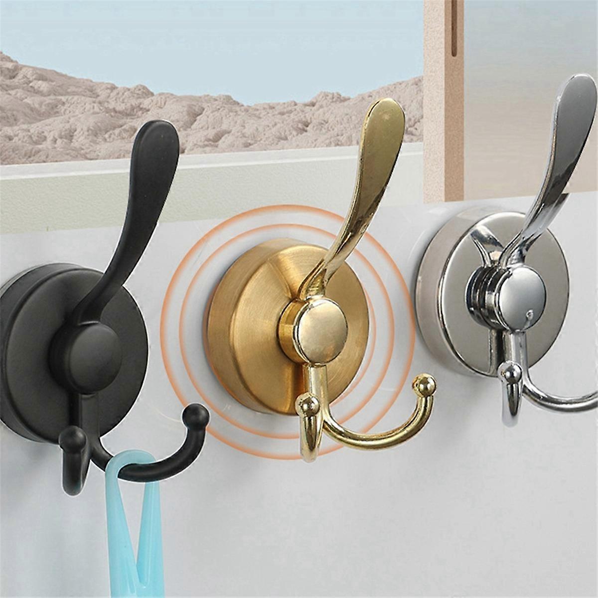 2pcs Stainless Steel Sucker Double Hook Punch-Free Powerful Sucker Hook Reusable Rust-Proof Clothes Hook Gold