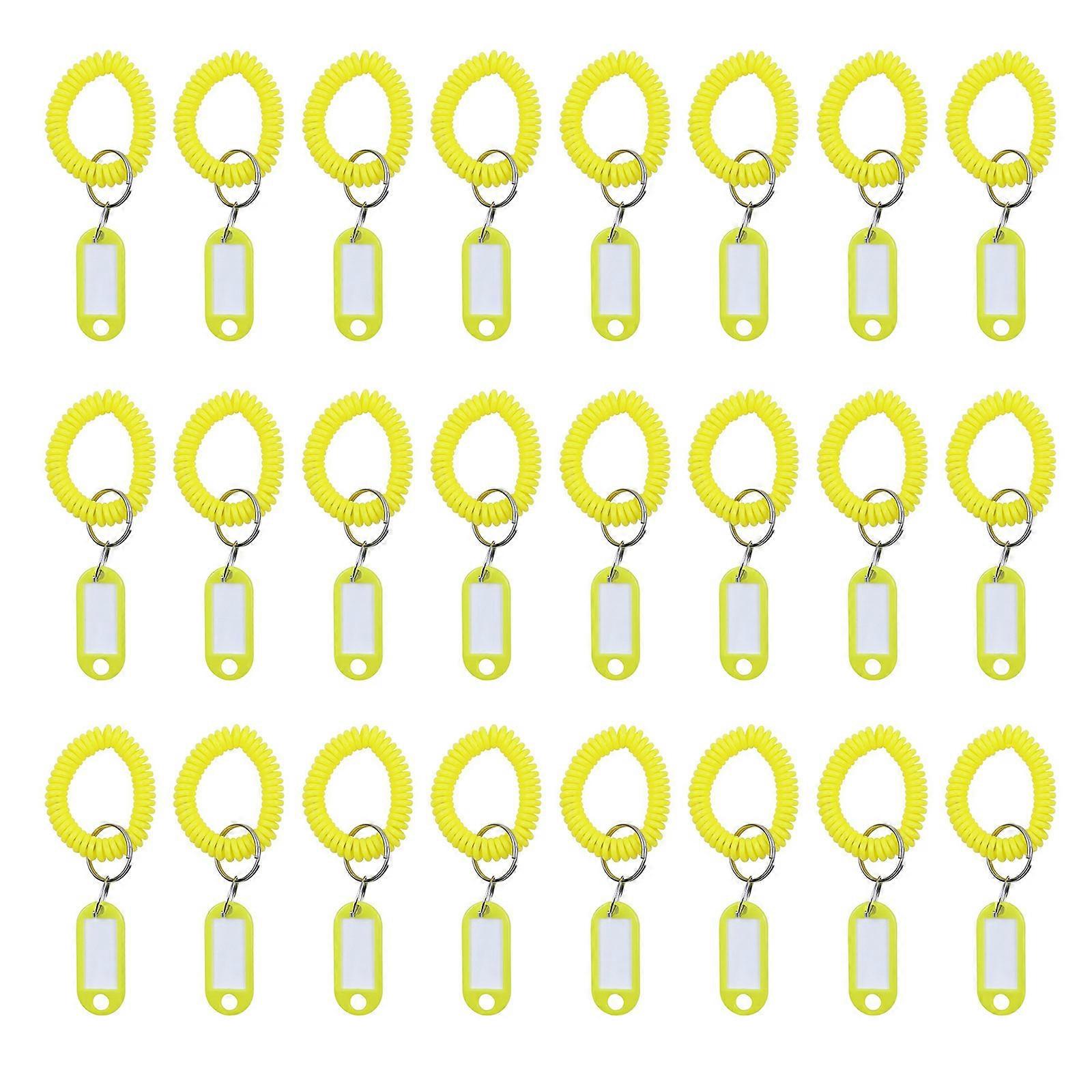 Set of 24 Wrist Coil Keychains with Labels Bracelet Key Rings with Identification Tag Jewelry for Sports and Daily Use Yellow