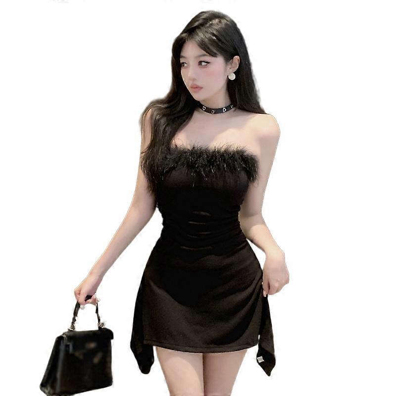 Korean Version Plush Stitching Slim Sexy Irregular Bandeau Dress Solid Color