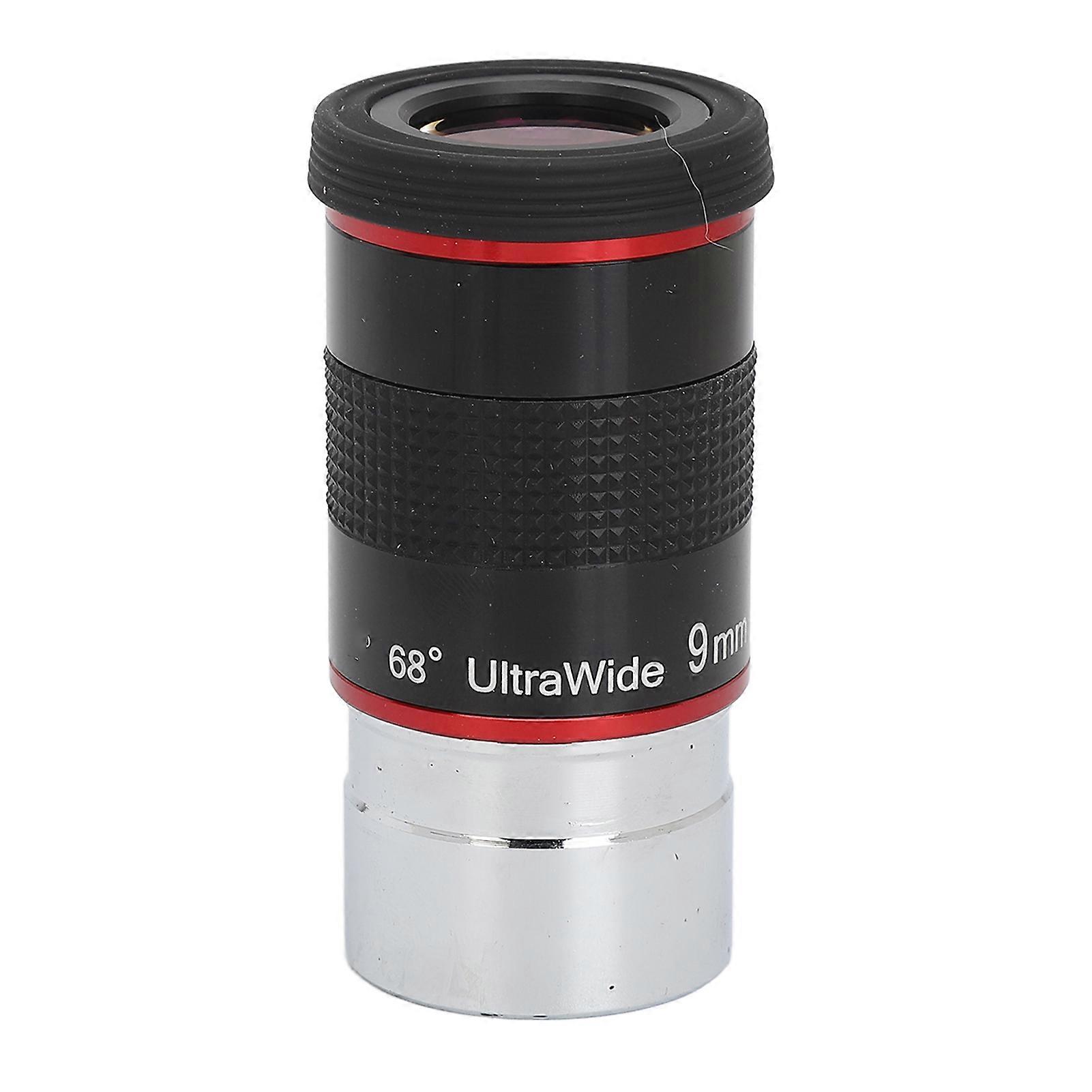 Vidro óptico de liga de alumínio de 1,25 polegadas e 9 mm Ocular grande angular de 68 graus para acessório de telescópio astronômico