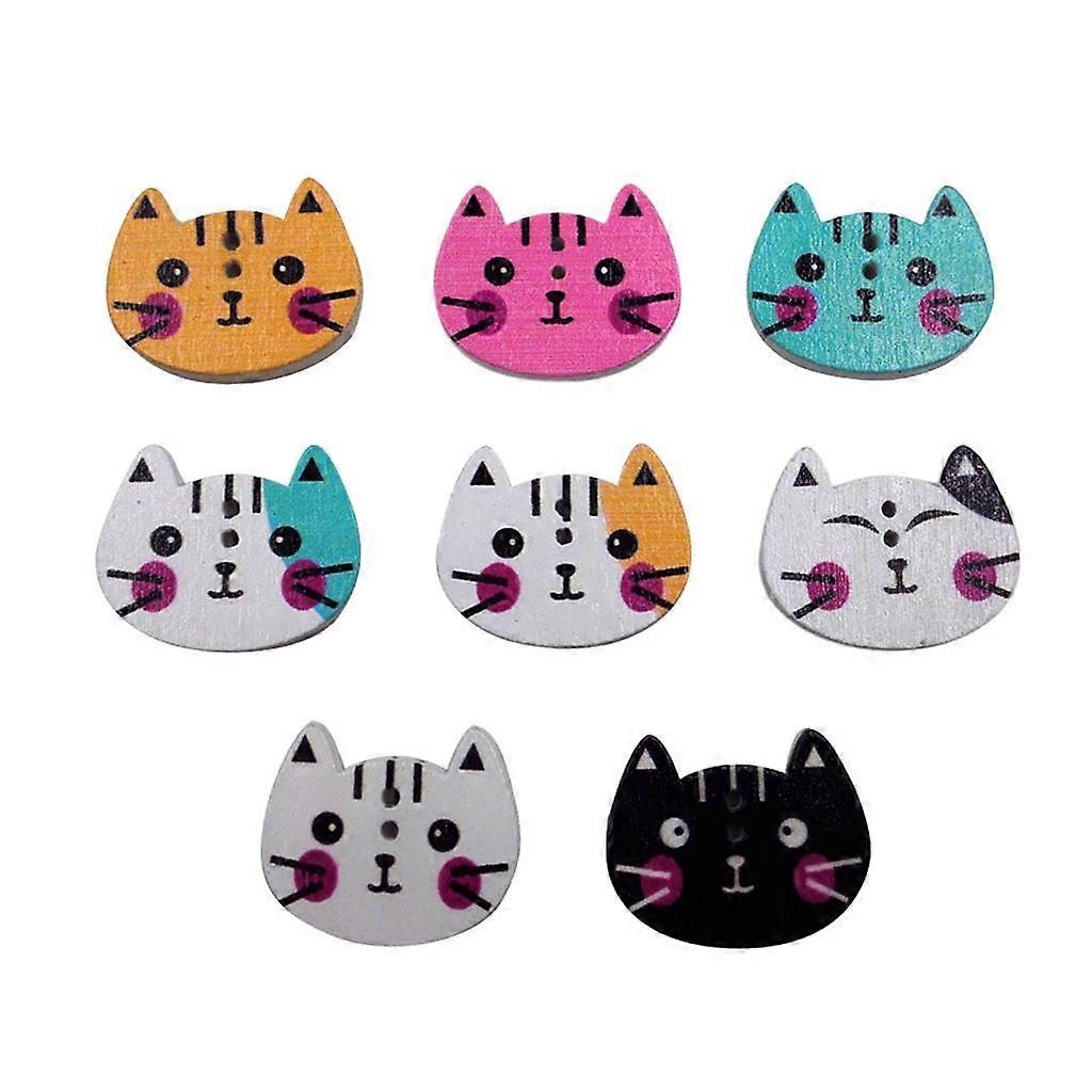 100pcs Mixed Color Cat Shape Printed Wooden Sewing Button