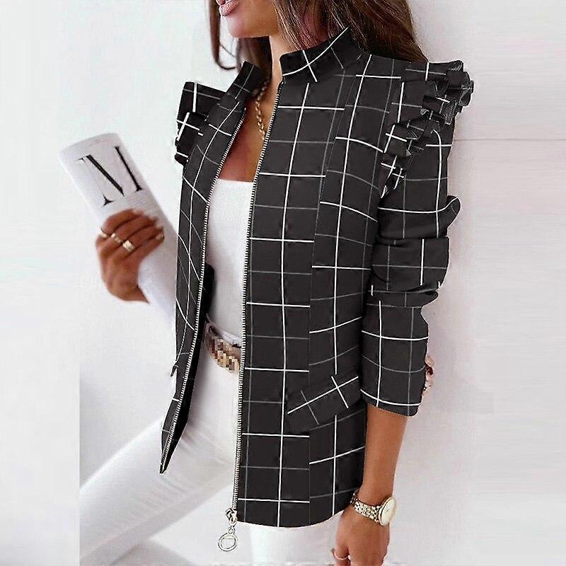 Spring Autumn Elegant Stand Collar Lattice Outerwear Casual Women Fashion Zip Plaid Coat Jacket Ruffle Long Sleeve Cardigan Top