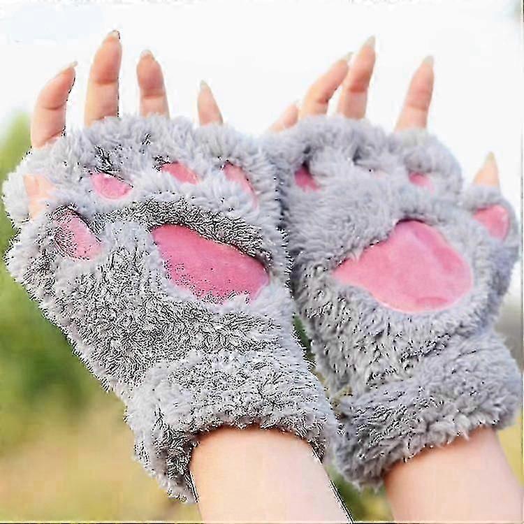 Ladies Girls Womens Cat Paw Gloves Winter Gloves Fingerless Paw Mittens Warm Plush Half-finger Winter Gloves2setblack + Gray