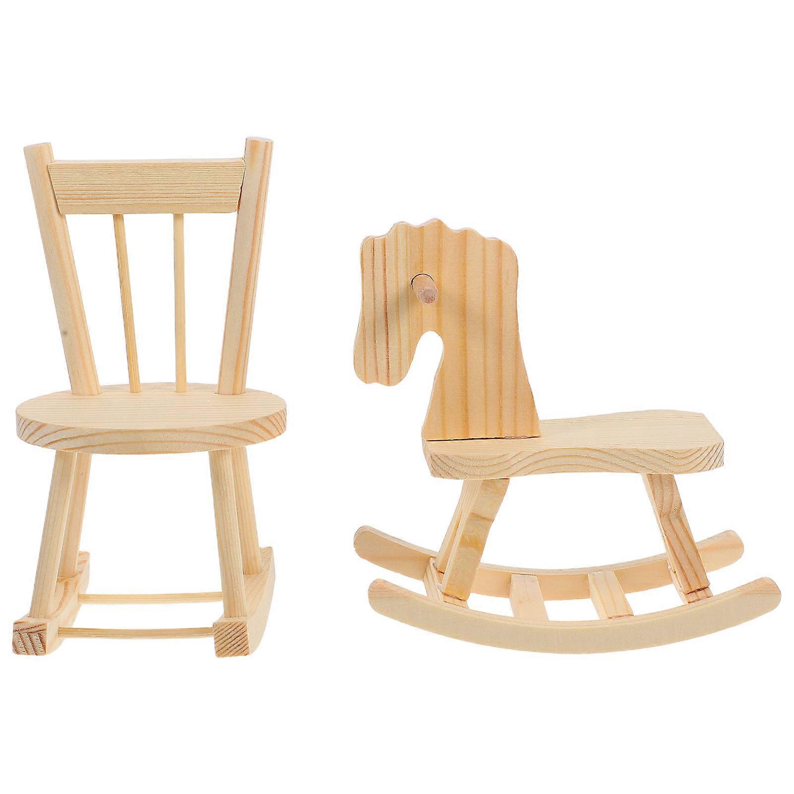 2 Pcs Miniature Wooden Rocking Chairs for Dollhouse Nursery Decoration – Realistic Design with Detailed Craftsmanship, Includes Horse and Chair
