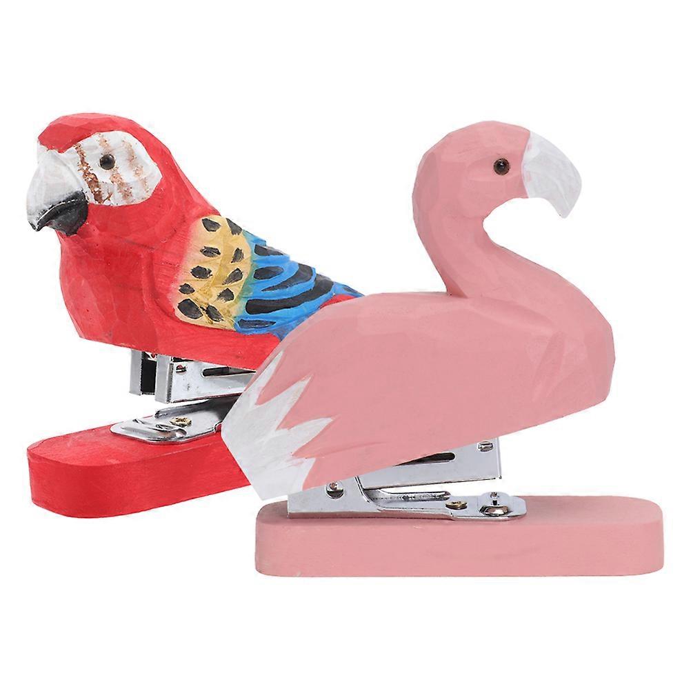 Hand Carved Wooden Animal Stapler Set Cute Parrot & Flamingo Design Mini Office Travel Stapler, Portable Cartoon Desk Accessory