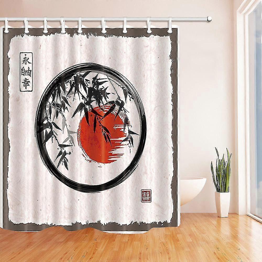 Japanese Style Shower Curtain with Bamboo and Red Sun Landscape Design, Waterproof Polyester Fabric for Bathroom Use, Suitable for Various B