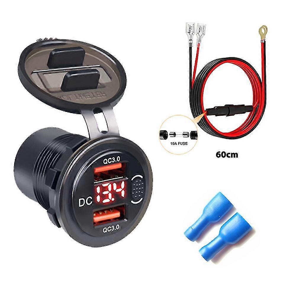 Dual USB QC 3.0 Fast Charge Car Socket with Green Light and Voltage Display for Universal Devices 12-24V