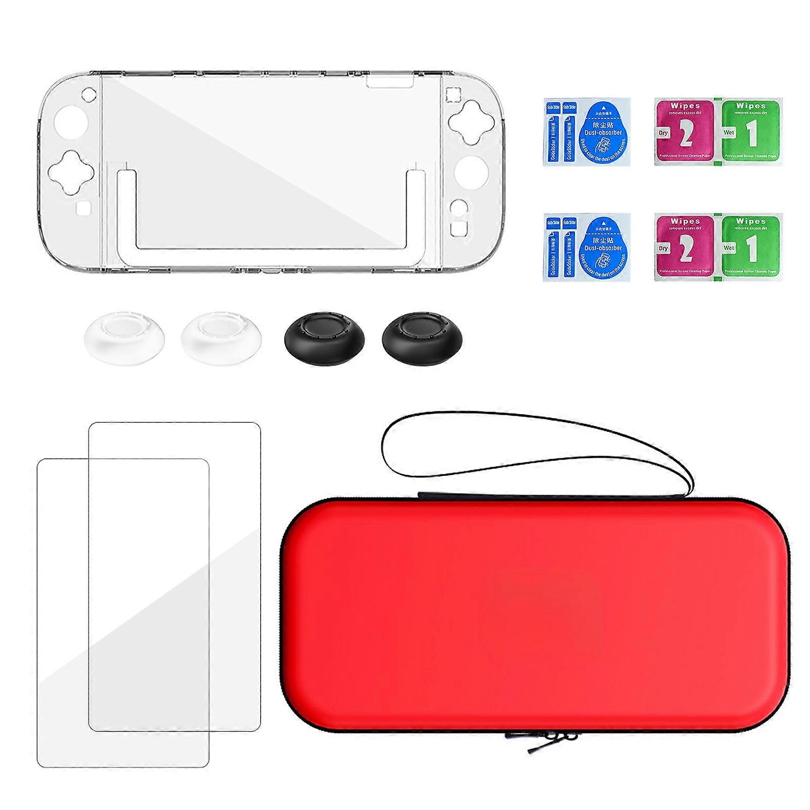 Comprehensive Console Care Package Organizers Case Toughened Glass Protector Enhances Joystick Caps Collection for NSW2  Red