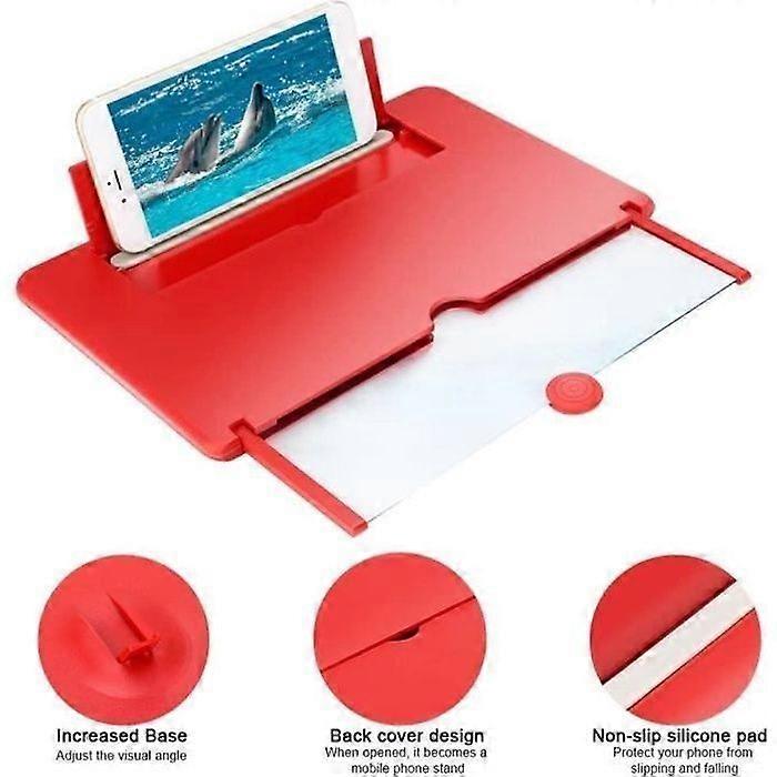 3D Screen Magnifier Portable Enlarged Hd Movie Video Amplifier Table Stand for compatible with Phones - Red