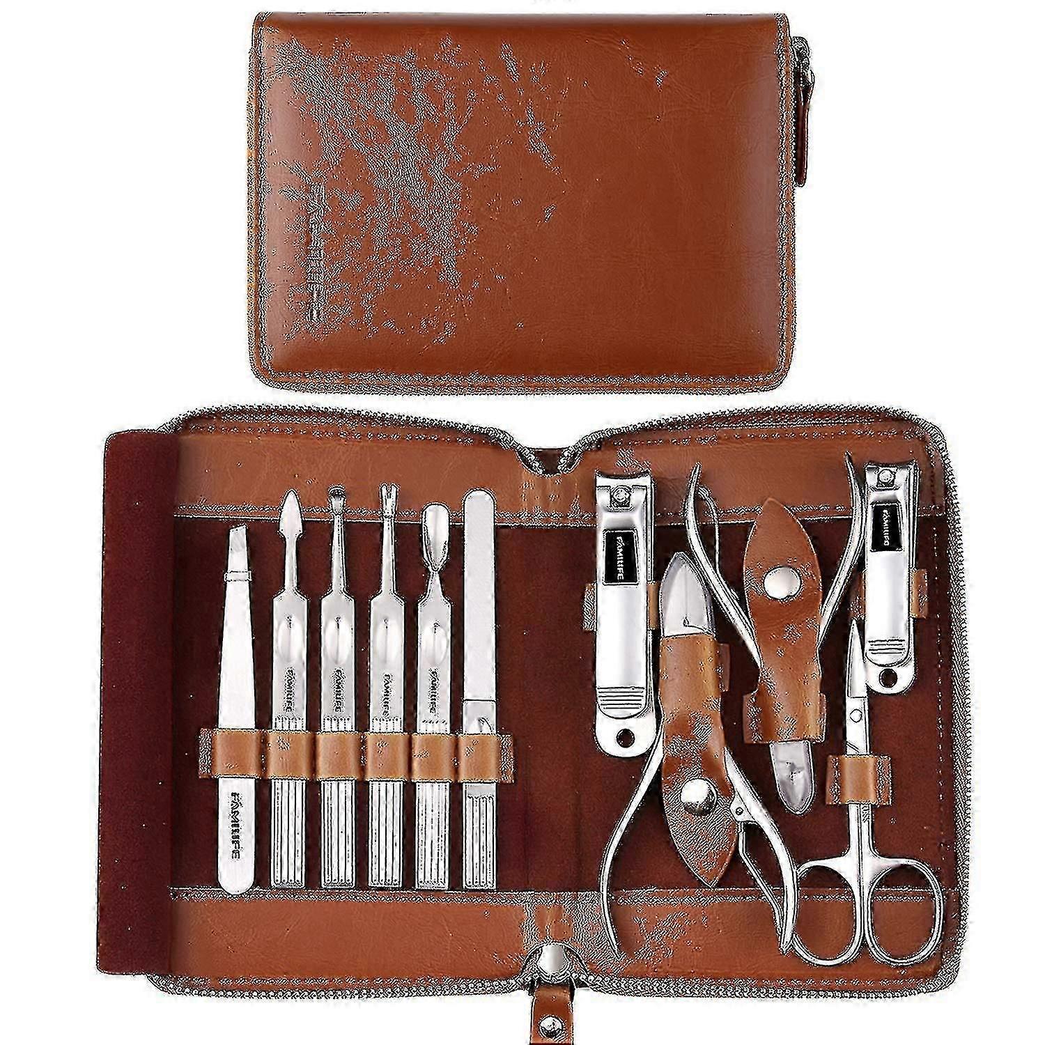Set de manucure professionnel 11-en-1 - Étui en cuir Outils en acier inoxydable