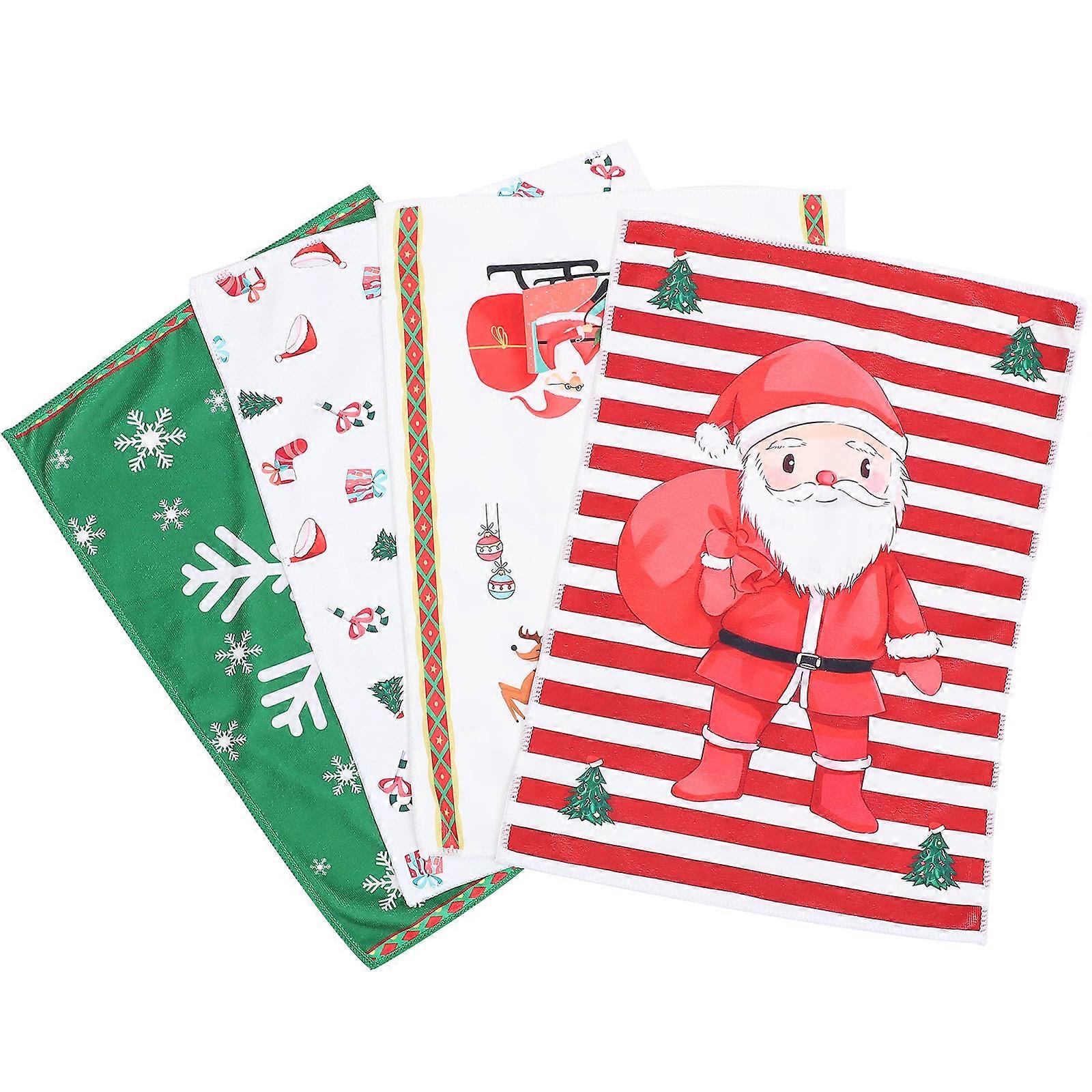 Christmas Microfiber Kitchen Hand Towels Set of 4 Absorbent Dish Cloths with Santa Snowflake Gift Carriage Designs for Home and Kitchen Use