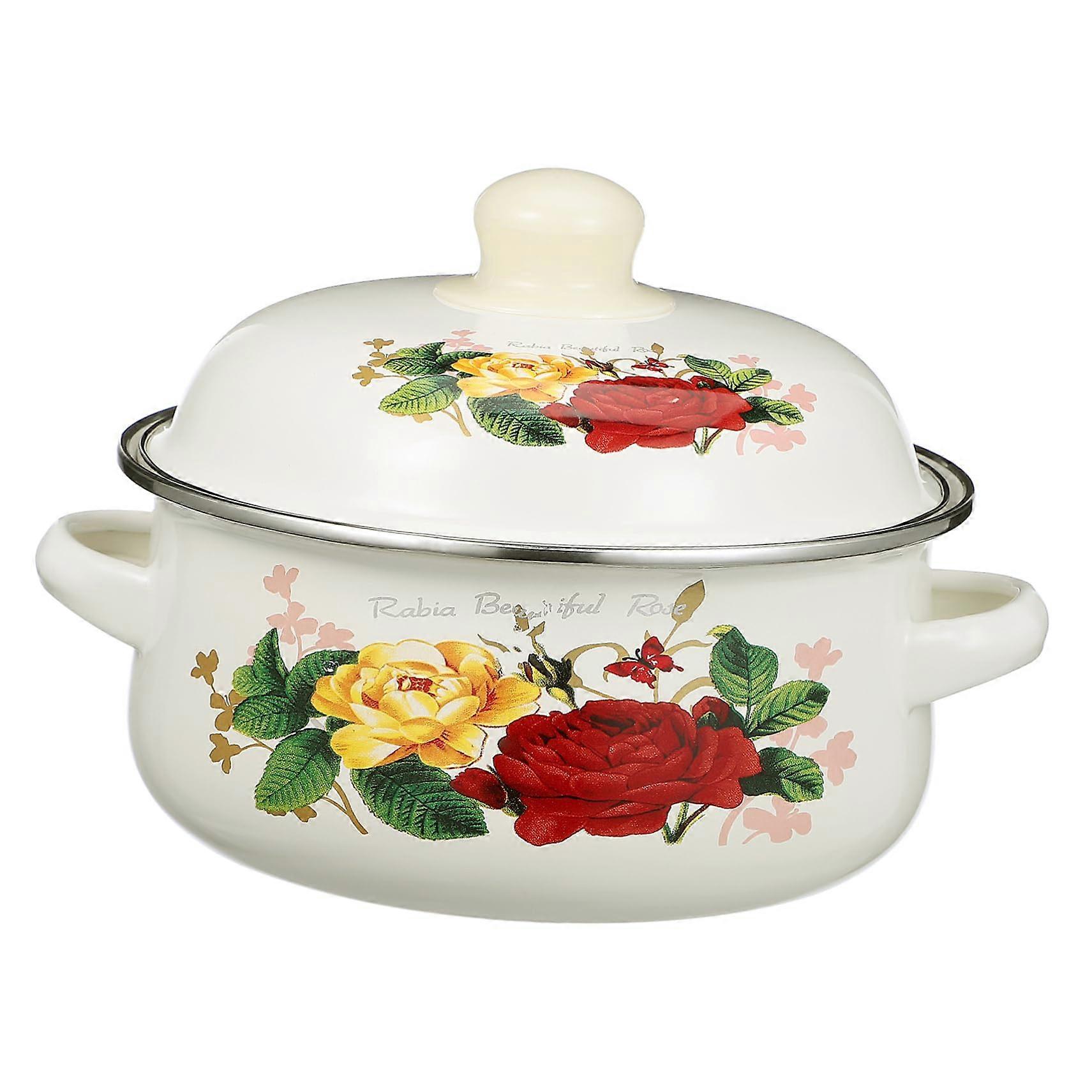 Doublehandled enamel soup pot with lid, retro design for home, versatile use, easy to clean, retains heat, ideal for delicious dishes.