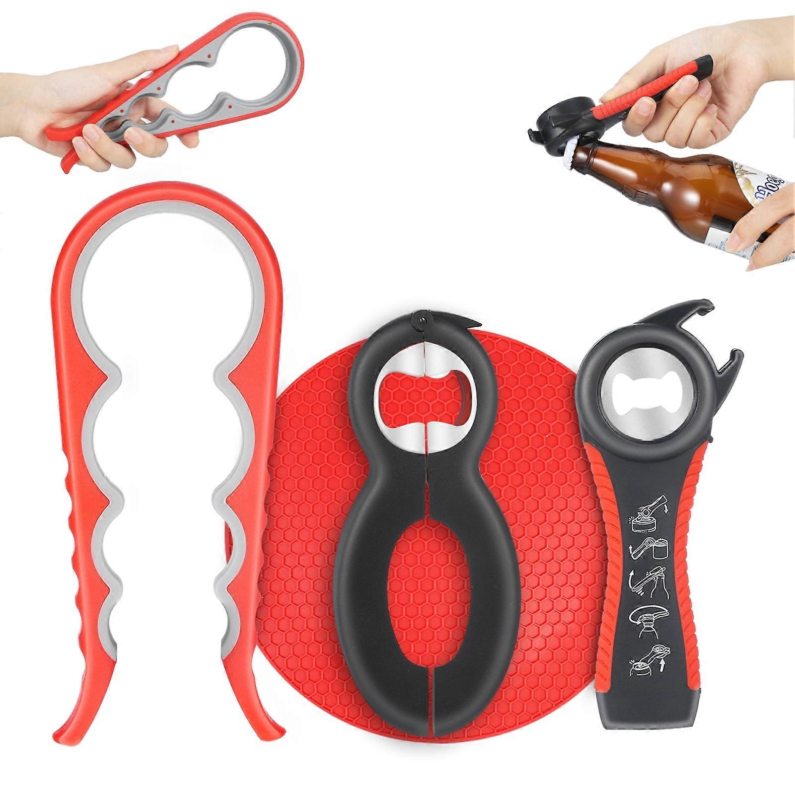 4-Pack Multifunctional Bottle Opener Set with Silicone Handle, Includes Can Opener Pad