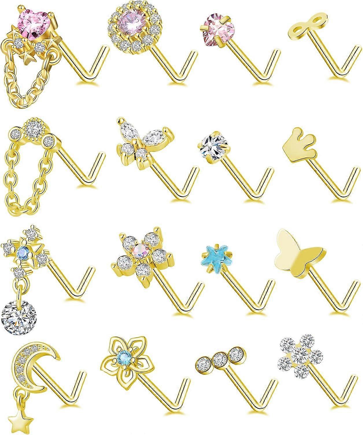 16Pcs Dangle Hoop Nose Ring L Shape Nose Stud CZ Butterfly Flower Leaf Dangle
