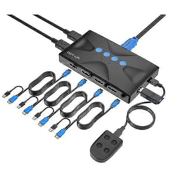 4-Port HDMI Kvm Switch mit Steuerung, Mt-hk04 USB Kvm Switch mit 4 4k 2k @ 30hz 2-in-1 Kvm Kabel (Schwarz)